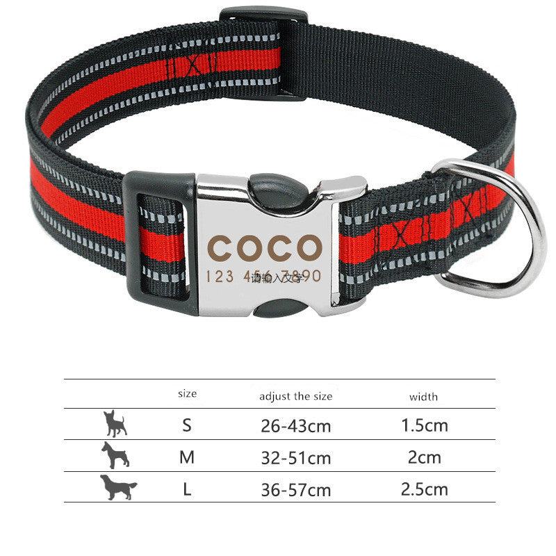 custom reflective pet collar tag with adjustable sizes for medium to large dogs in black and red color scheme.