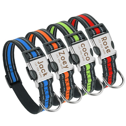 custom reflective pet collar tag collection featuring personalized names and adjustable sizes.