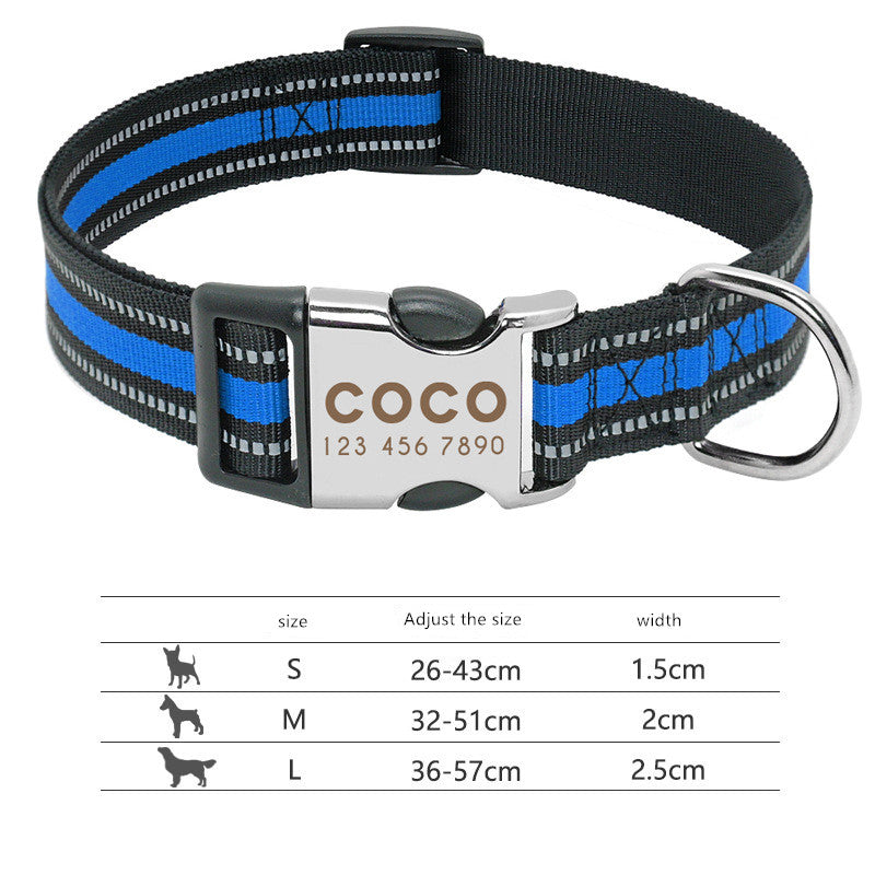 custom reflective pet collar tag with adjustable sizing for large dogs, featuring blue stripes and a personalized nameplate