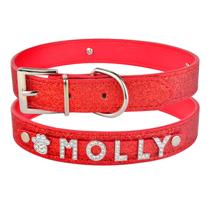 DIY alphabet dog collars in red with sparkly letters spelling MOLLY for personalized pet accessories.