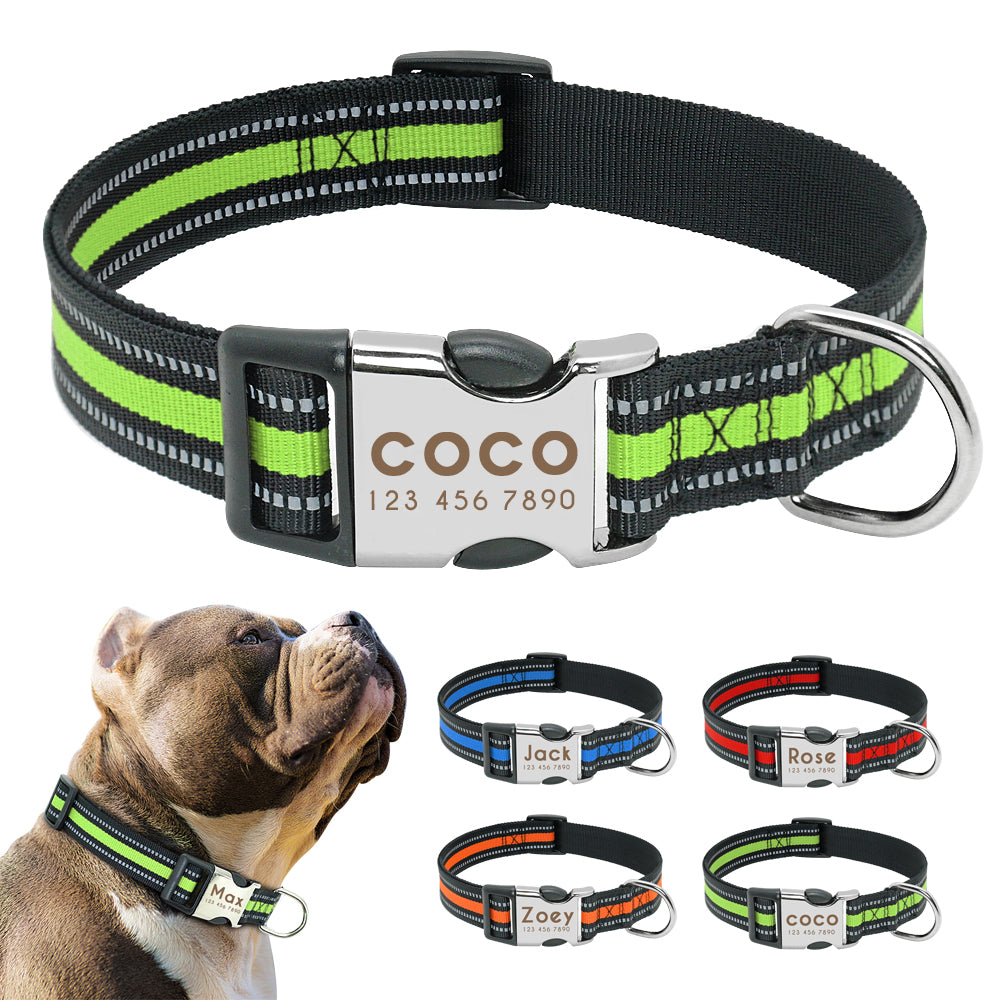 custom reflective pet collar tag featuring adjustable design for medium to large dogs, showcasing names and safety details.