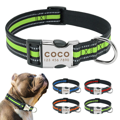 custom reflective pet collar tag featuring adjustable design for medium to large dogs, showcasing names and safety details.