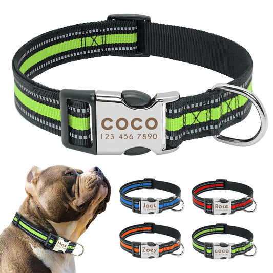 custom reflective pet collar tag featuring adjustable design for medium to large dogs, showcasing names and safety details.