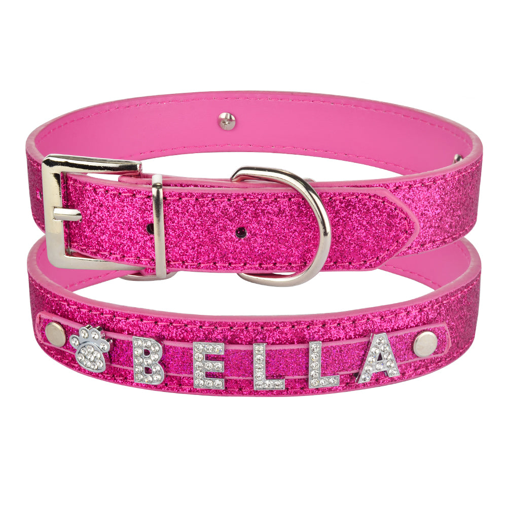 DIY alphabet dog collars in pink glitter personalized with the name BELLA, perfect for dog lovers.