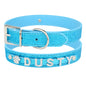 DIY alphabet dog collars in sparkling blue with personalized name 'DUSTY' and shiny embellishments.