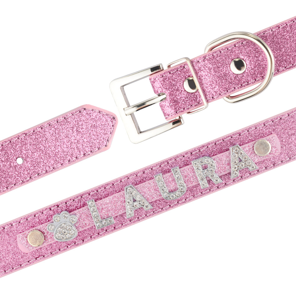 DIY alphabet dog collars in pink glitter with personalized name LAURA, showcasing style and personality.