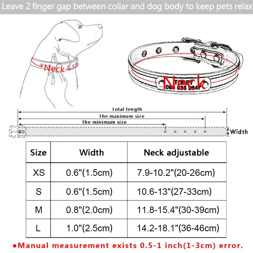 DIY alphabet dog collars size guide with measurements for XS, S, M, and L collars for proper fitting.