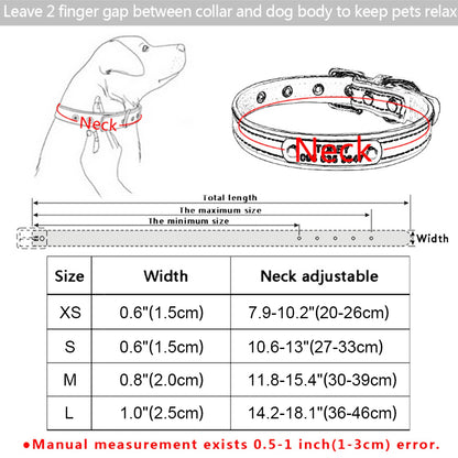 DIY alphabet dog collars size guide with measurements for XS, S, M, and L collars for proper fitting.