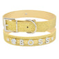 DIY alphabet dog collars in gold glitter with rhinestone embellishments spelling 'BOSS' for pets.